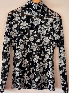 Black Sheer Floral Mock Neck Top - White Floral Print Easy Layer Vest